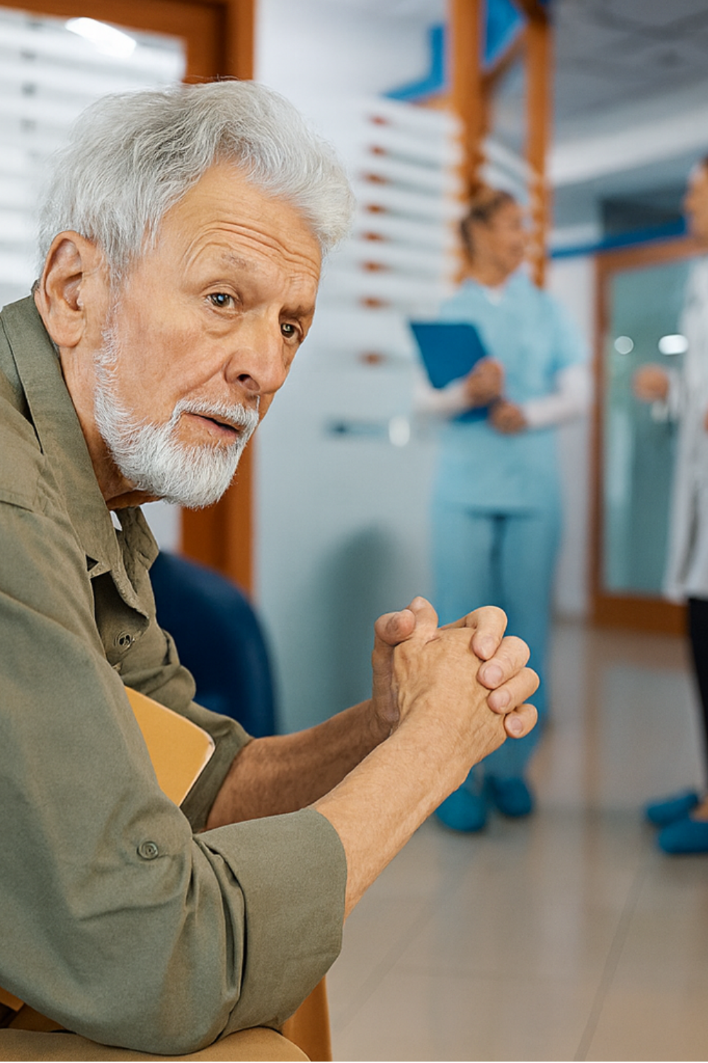 Frustrated patient waiting for a doctor in a crowded clinic, representing the flaws of the traditional healthcare system